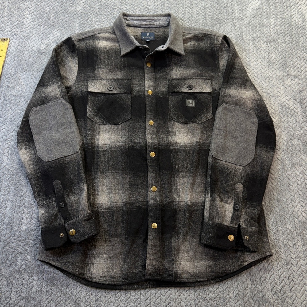 Roark Revival Flannel Shirt Mens XL Black Grey Plaid Elbow Patch Snap Button